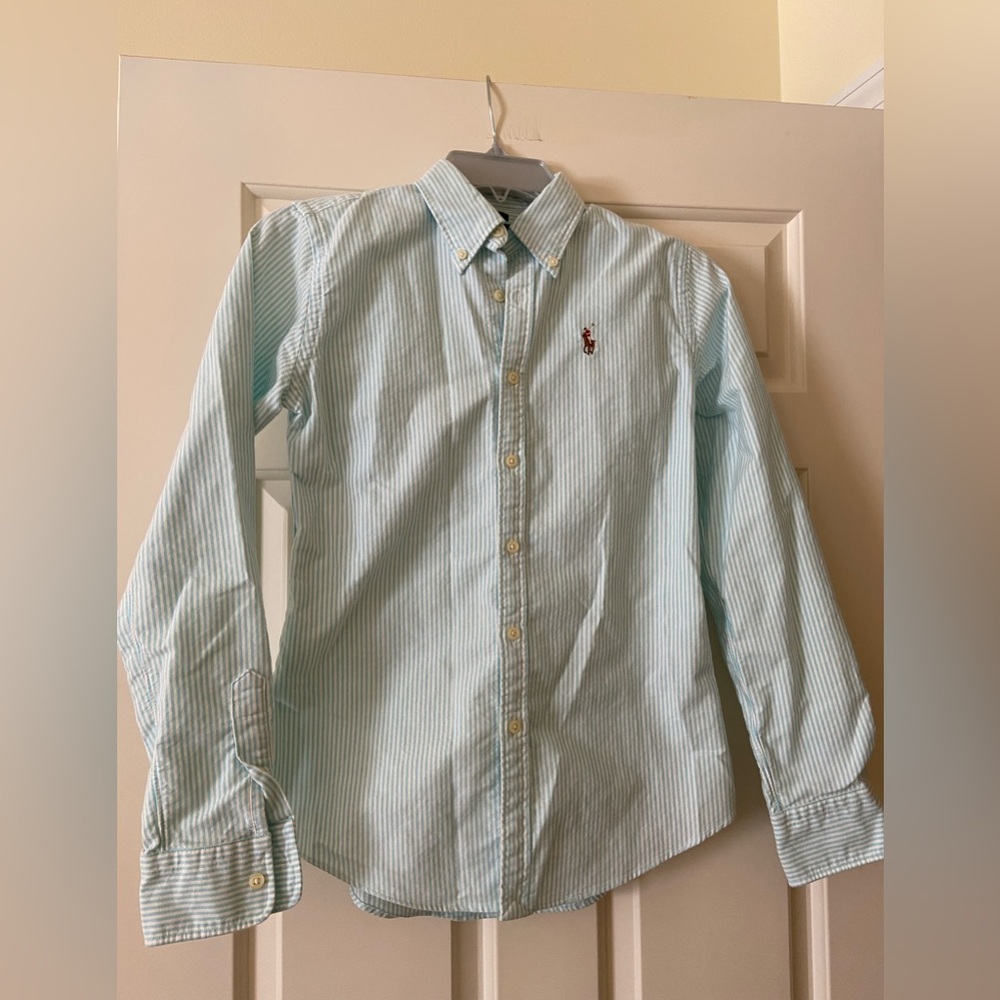 Green and white striped long sleeve button down oxford shirt. Slim fit